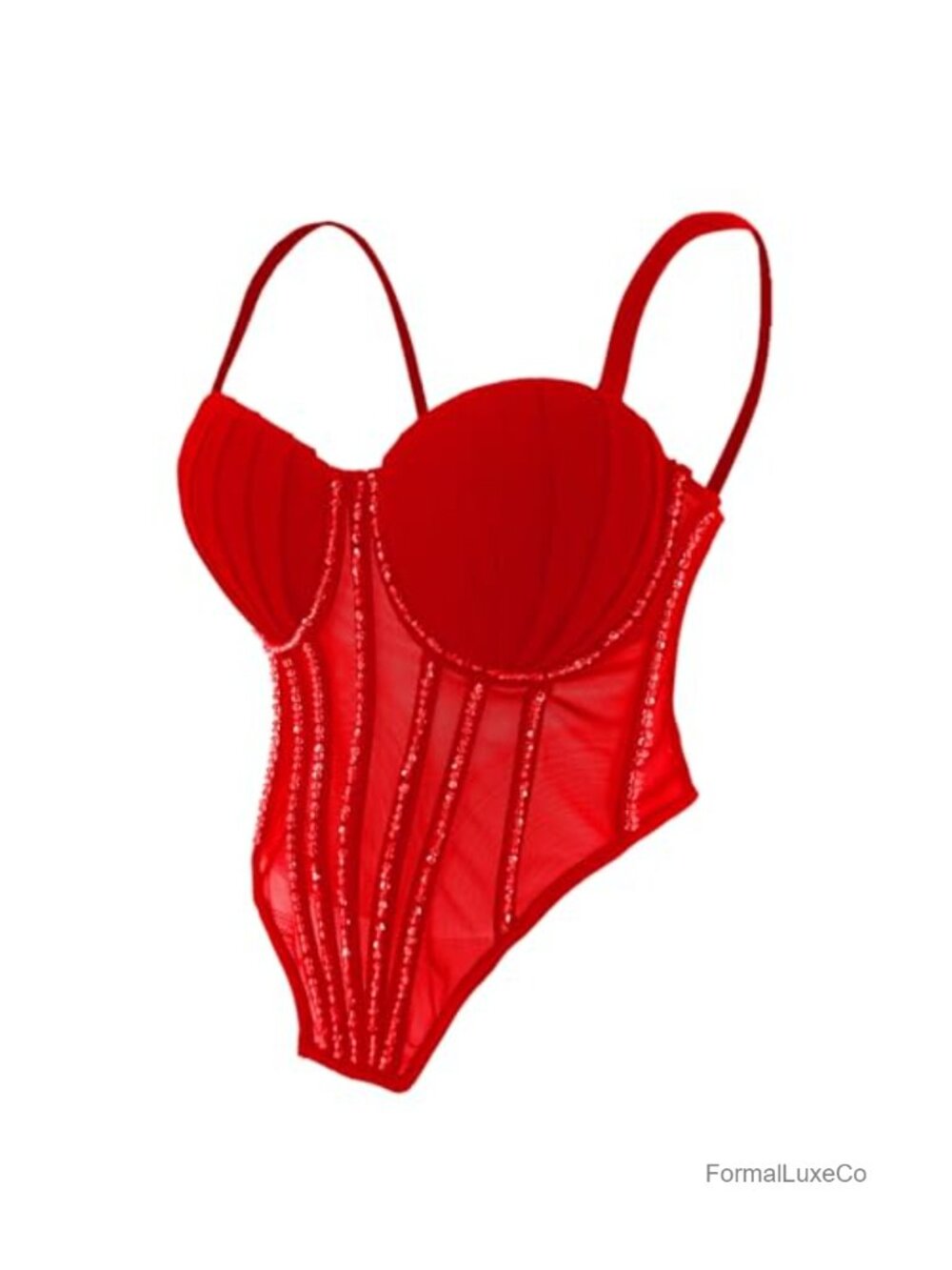 Women Beaded Mesh Corset Bodysuit Pleated Padded Cups Bustier Top